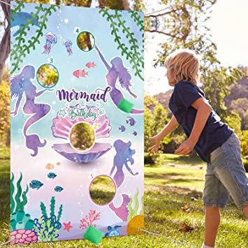 Mermaid Toss Games with 3 Bean Bags Blue Ocean Birthday Bean Bag Games Set Boys Girls Mermaid Backdrop Birthday Party Toss Games Banner Under Sea World Theme Photo Background for Outdoor Yard Game