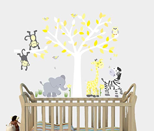 Wild Animals, Yellow Jungle Tree Decals, Jungle Stickers with Gray and Yellow, Fabric Tree