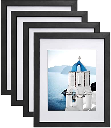 Vsadey 11x14 Picture Frames Set of 4, Wooden Photo Frames Wall Mounted for Displaying Pictures 8x10 with Mat and 11x14 without Mat Horizontally or Vertically Display Photo Frame, Black