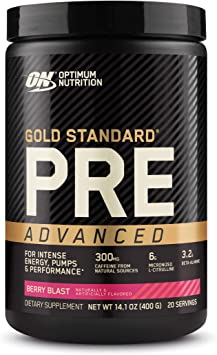 Optimum Nutrition Gold Standard Pre Workout Advanced, with Creatine, Beta-Alanine, Micronized L-Citrulline and Caffeine for Energy, Keto Friendly, Berry Blast, 20 Servings
