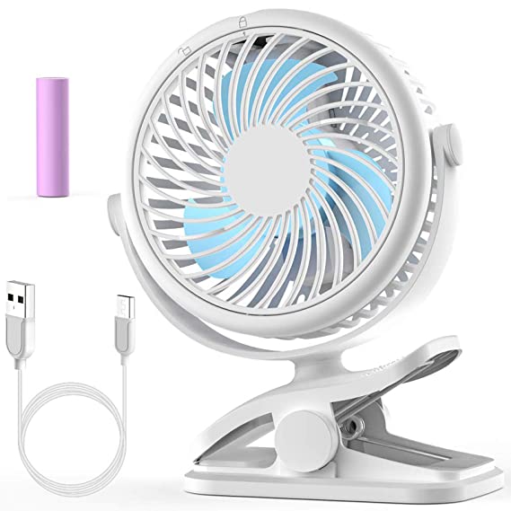 Stroller Fan, Cambond Clip On Fan Battery Operated Fan Rechargeable 2200mAh Battery, USB Cable, 3 Adjustable Speed, Desk Table Portable USB Small Fan for Travel Camping Fishing Boating, White