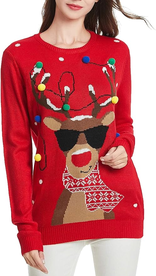 Women's Christmas Reindeer Traditional Knitted Holiday Ugly Sweater Girl Pullover Cardigan