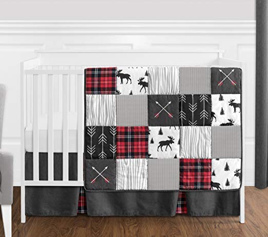 Sweet Jojo Designs Grey, Black and Red Woodland Plaid and Arrow Rustic Patch Baby Boy Crib Bedding Set Without Bumper - 4 Pieces - Flannel Moose Gray