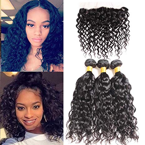 Ms Taj Brazilian Water Wave Bundles with Frontal Closure 7A Virgin Human Hair 3 Bundles with Lace Frontal 13x4 Ear to Ear Unprocessed Wet and Wavy Curly Hair Natural Black water 8 10 12 8 frontal