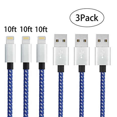 iPhone Charger Chamfind,iPhone Lightning to USB Cable (3Pack 10FT) Syncing and Charging Cord for iPhone 7,iPhone6,6s, 6 Plus,6s Plus, iPhone 5 5s 5c,SE, iPad Air, iPod,iPod (BlueWhite)