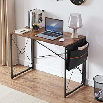 VECELO Computer Industrial Style Writing Study Desk with Storage Bag/Sturdy Steel Folding Laptop Table for Home Office,Rustic Brown, 39.3"