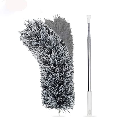 Microfiber Duster with Extension Pole(Stainless Steel), Extra Long 100 inches, with Bendable Head, Extendable Duster for Cleaning High Ceiling Fan, Interior Roof, Cobweb, Gap Dust- Wet or Dry Use