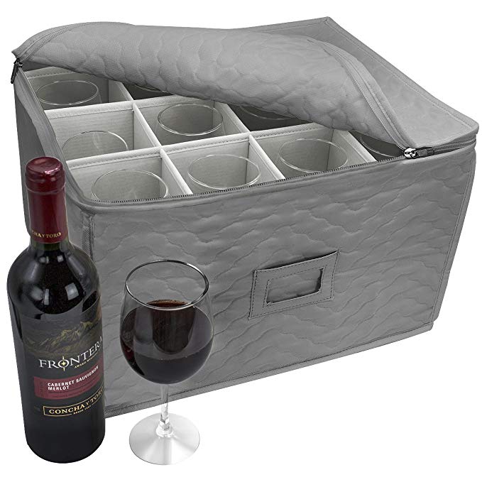 Sorbus Stemware Storage Chest - Deluxe Quilted Case with Dividers - Service for 12 - Great for Protecting or Transporting Wine Glasses, Champagne Flutes, Goblets, and more (Gray)