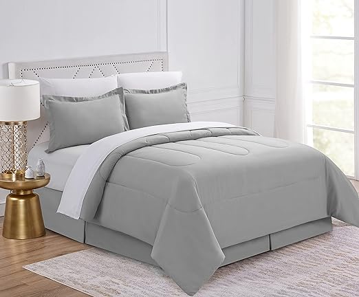 Cathay Home Basic Bedding Home Essential Ultra Soft All Season 6PC Wrinkle Resistant Microfiber Bed in a Bag Set (Includes Complete Sheet Set, Comforter Set & Bedskirt) - Twin, Light Gray