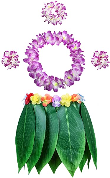 Leaf Hula Skirt and Hibiscus Leis Set Hawaiian Costumes for Beach Luau Party