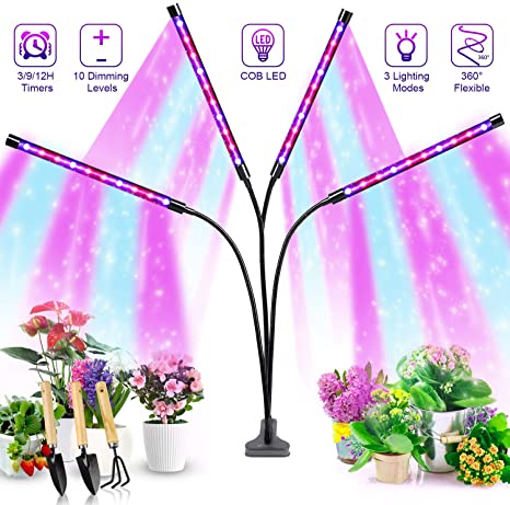 Grow Light for Indoor Plant, Semai 4 Head Plant Light Auto Timer 10 Adjustable Level 3/9/12H LED Grow Light for Potted, 80W 360°Adjustable Gooseneck Plant Light with Clip