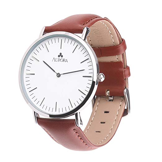 Aurora Men's Casual Business Analog Quartz Waterproof Wrist Watch with Light Brown Leather Band-Silver