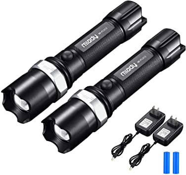 Miady LED Rechargeable Flashlights [2 PACK] - CREE LED, Zoomable, IPX4 Water Resistant, 3 Light Modes, Handheld Light, 18650 Battery and Charger Included - Camping, Emergency, Everyday Flashlight