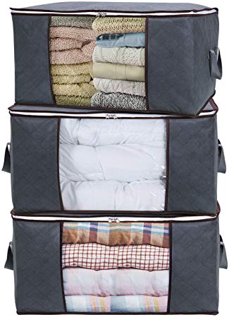 Lifewit Clothes Storage Bag Organizer with Reinforced Handle Thick Fabric for Comforters, Blankets, Bedding, Foldable with Sturdy Zipper, Clear Window, 3 Pack, 48L, Grey