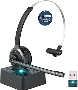 XAPROO Wireless Headset with Microphone for PC, 2024 Upgraded Wireless Computer Headset with USB Dongle, Single Ear Headset with Charging Base, USB Wireless Headset for Work Office Skype Zoom