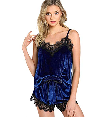 DIDK Women's Lace Trim Velvet Bralette Shorts Pajama Set