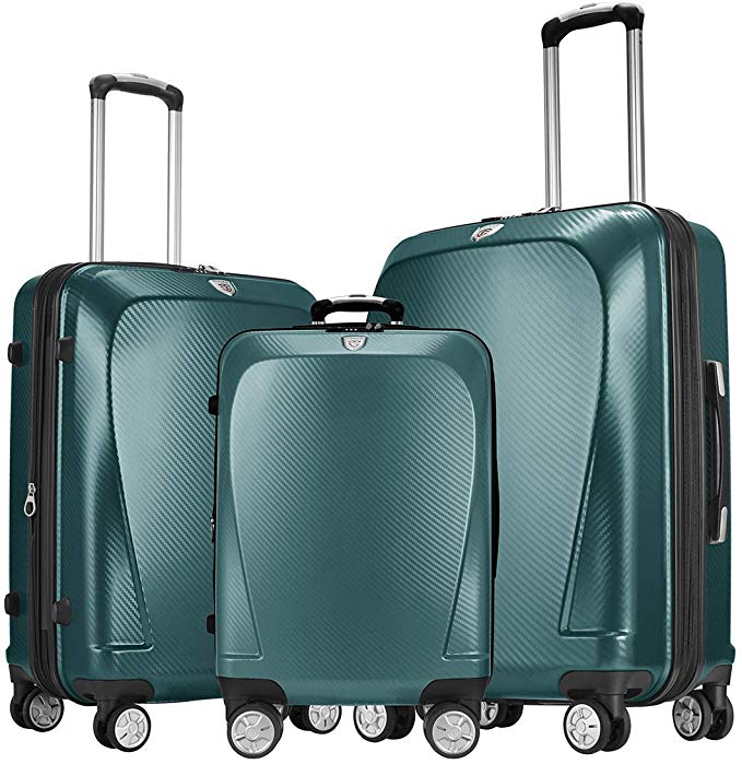 Ginza Travel Anti-scratch PC Material Luggage 3 Piece Sets Lightweight Spinner Suitcase Luggage Expandable（all 20 24 28) (Dark Green)