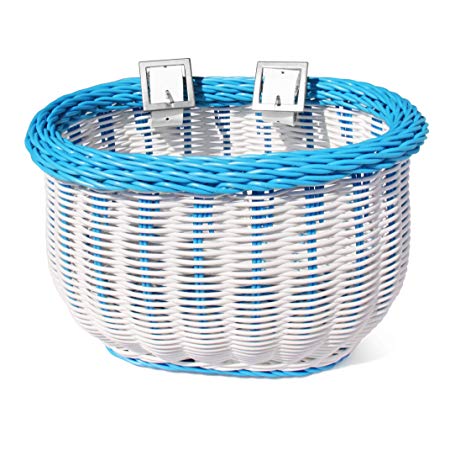 Colorbasket 01280 Front Handle Bar Kids Bike Basket, Water Resistant, Leather Straps,White with Blue Trim