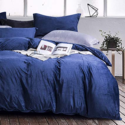 NTBAY Velvet Flannel Duvet Cover Set, 3 Pieces Zippered Comforter Cover Set, Queen, Navy Blue