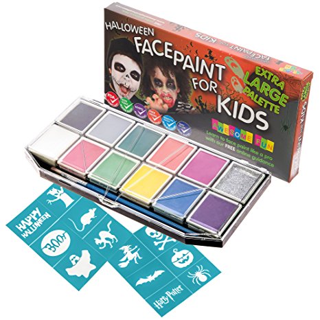 Halloween Face Paint Kit for Kids. X-Large Face Painting Set with 12 Stencils. Professional Party Palette 12 Colors, 2 Brushes, Glitter Gel, Online Guide. Safe Non-Toxic Water-Based. Covers 100s Faces