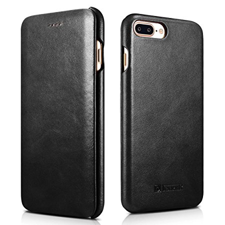 ICARER iPhone 8 Plus Case ,iPhone 7 Plus Case ,Series Folio Flip Corrected Leather Case[Vintage Classic Series] [Genuine Leather] for iPhone 8 Plus / 7 Plus (2016) 5.5 inch (Retro Black)