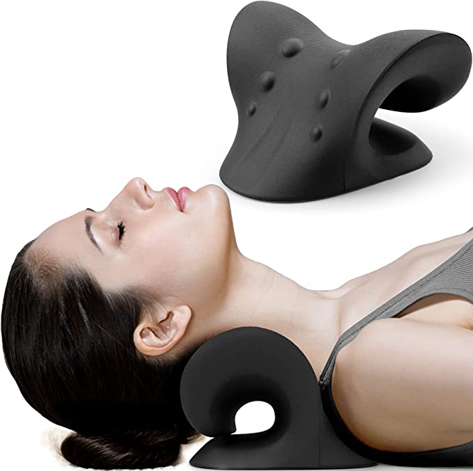 Neck and Shoulder Relaxer, Cervical Traction Device for TMJ Pain Relief and Cervical Spine Alignment, Chiropractic Pillow, Neck Stretcher (Black)