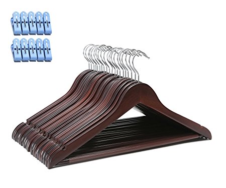 ARTALL 20 Pack Wooden Suit Hangers with 10 Clothes pins, Non-Slip Pant Bar, Walnut Finish