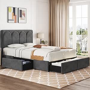 Yaheetech Full Bed Frame Upholstered Platform Bed with 4 Drawers Storage and Adjustable Headboard,Arch Channel Tufted Headboard,Sturdy Wood Slat Support,No Box Spring Needed,Dark Gray Full Bed