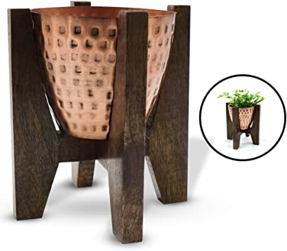 Olive   Crate ExquisiteHome Indoor Planters Handmade from Metal with Wooden Stands, Small Standing Planter Pots for Plants Indoor, Suitable for Succulents, Herbs, and Balcony Plant Pots (Copper)