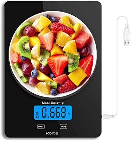 KOIOS 33lb/15kg Max Food Scale, Rechargeable Digital Kitchen Scale, Weight Grams and oz for Cooking Baking, 1g/0.1oz Precise Graduation, 6 Units, Tare Function, Waterproof Tempered Glass