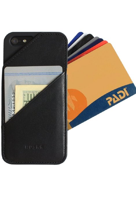 [iPhone 5/5S] Wallet Case - Slim Card Holder for Up to 8 Cards and Cash - Quickdraw by HUSKK - Pleather Black [QDPH5BNE]