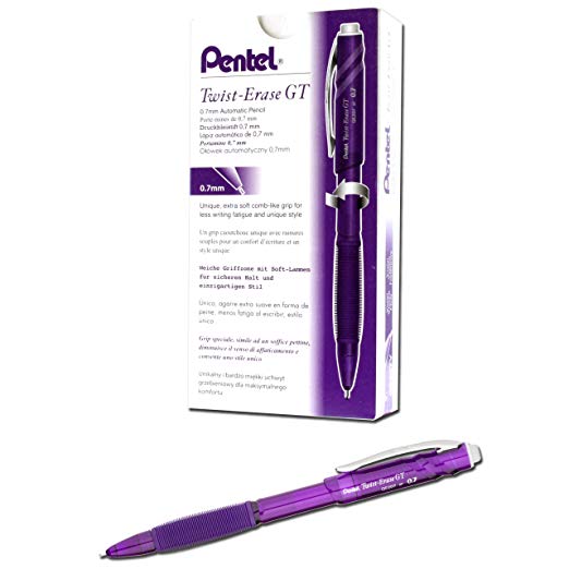 Pentel Twist-Erase GT, 0.7mm, Mechanical Pencil Transparent Violet, Box of 12 (QE207V)