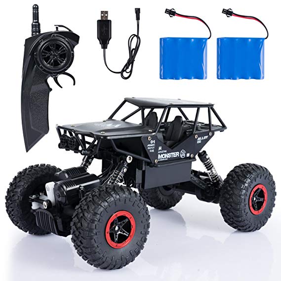 SGILE 1:14 RC Cars with Two Battery - 4WD 2.4Ghz 4x4 Crawlers Off-Road Rock Vehicle Toy - Radio Remote Control Racing Truck Monster - Rechargeable Electric Race Buggy For Kids Adults Hobby Toys, Black