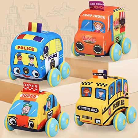 TOY Life Soft Pull Back Cars for Toddlers - Pull Back Vehicles Soft Baby Toys - Kids car Toys 4 Pack with Soft Plush Toy Texture Baby Car Toys for Kids - Gift for Any Occasion