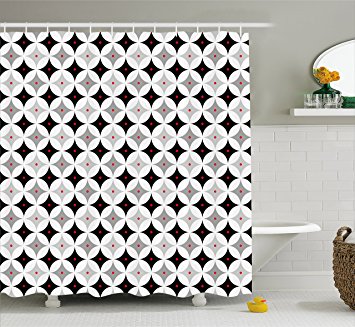 Mid Century Shower Curtain by Ambesonne, Retro Styled Atomic Composition with Vintage Diamond Line Pattern, Cloth Fabric Bathroom Decor Set with Hooks, 70 Inches, Pale Grey Black Red