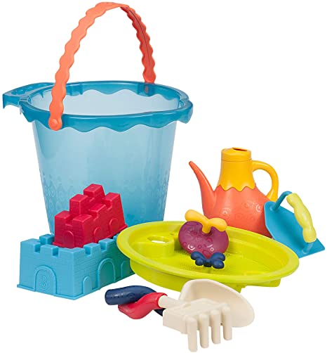 B. Toys – Shore Thing – Large Beach Playset – Large Bucket Set (Sea Blue) with 11 Funky Sand Toys for Kids – Phthalates Free – 18 M