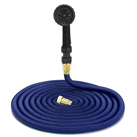 GBB Expanding Water Hose 100ft with Metal Nozzle Durable Expandable Garden Hose Strongest TPS Solid Brass Connector Fitting Extra Strength Fabric -Blue