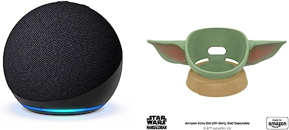 All-New Echo Dot (5th Gen, 2022 release) | Charcoal, with Made for Amazon, featuring The Mandalorian Baby Grogu ™-inspired Stand