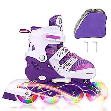 JIFAR Youth Children's Inline Skates for Kids, Adjustable Roller Blades with Light Up Wheels for Girls Boys, Indoor&Outdoor Ice Skating Equipment in Small Medium Size, Blue&Purple