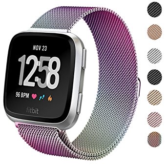 Deyo Fitbit Versa Bands for Women Men Large Small,Stainless Steel Milanese Loop Metal Replacement Bracelet Band with Magnetic Closure Accessories Wristbands for Fitbit Versa Smartwatch (Colorful, S)