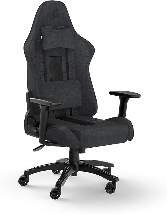 Corsair TC100 RELAXED Gaming Chair - Fabric - Racing-Inspired Design - Lumbar Pillow - Detachable Memory Foam Neck Pillow - Adjustable Seat Height - Adjustable Armrests - Grey & Black