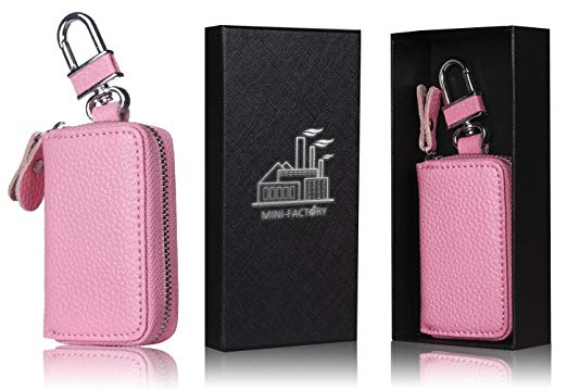 Car key bag, Mini-Factory Leather Car Smart Remote Key Holder Case Wallet with Zipper Lock for Car Key Fob (Size:3" x 2" x 0.8", Color:Pink)