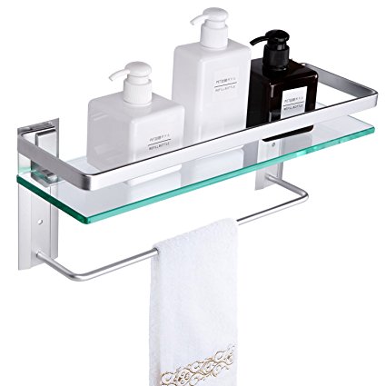 VDOMUS Tempered Glass Bathroom Shelf With Towel Bar wall mounted shower storage15.2 by 4.5 inches, brushed silver finish