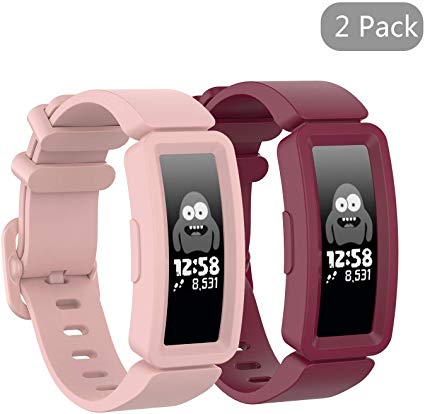 (2 Pack) Qiyiguo Solid Color Bands Compatible for Fitbit Ace 2 Bands for Kid, Anti-Lost & Shockproof Replacement Wrist Band Compatible for Fitbit Inspire, Fitbit Inspire HR for Women - Pink,Wine Red