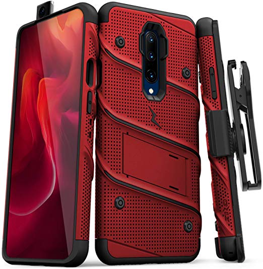 ZIZO Bolt Series OnePlus 7 Pro Case | Military-Grade Drop Protection w/Kickstand Bundle Includes Belt Clip Holster   Lanyard Red Black