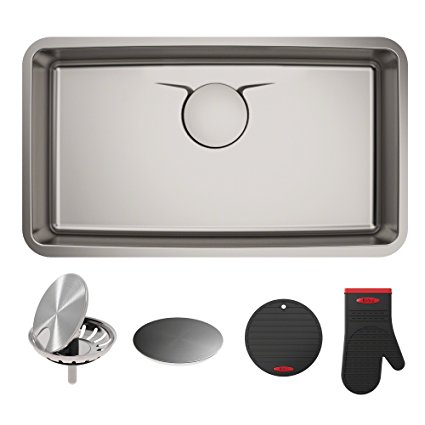 Kraus KD1US33B Dex inch Undermount T304Plus TRU16 Gauge Stainless Steel Kitchen Sink with Drainassure Waterway and Versidrain Assembly, 33" Single Bowl, Radiant Pearl Finish