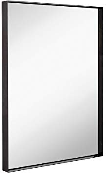 Hamilton Hills Contemporary Brushed Metal Wall Mirror | Glass Panel Black Framed Squared Corner Deep Set Design | Mirrored Rectangle Hangs Horizontal or Vertical (22" x 30")