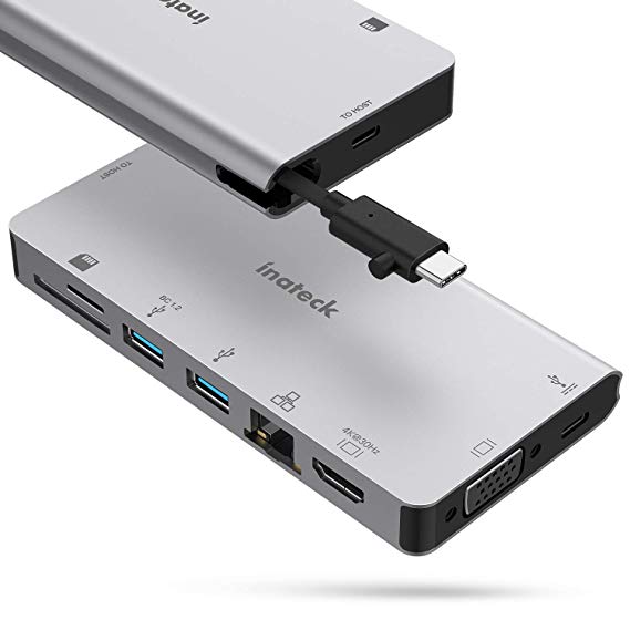 Inateck USB C Hub, 8 in 1 Type C Adapter, Support 100W Pd, HDMI, VGA, RJ45 Ethernet, 2 USB 3.0 Ports, SD/MicroSD Card Read for USB C Device SC01006