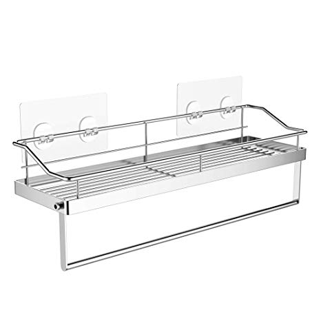 Orimade Adhesive Bathroom Shelf With Tower Bar Rail Rack Shower Caddy Kitchen Toilet Storage Organizer Wall Mounted Stainless Steel - No Drilling