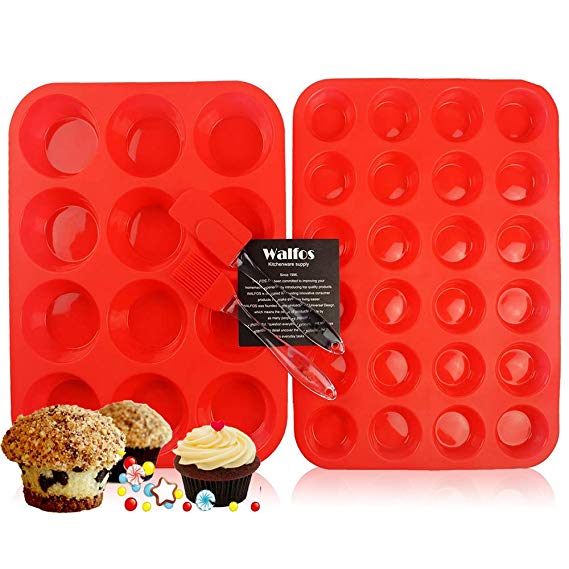 Walfos Reusable Top Silicone Muffin & Cupcake Baking Pan Set (Large 12 & Mini 24 Cup Sizes) / Non Stick cake molds/Dishwasher - Microwave Safe (Red)